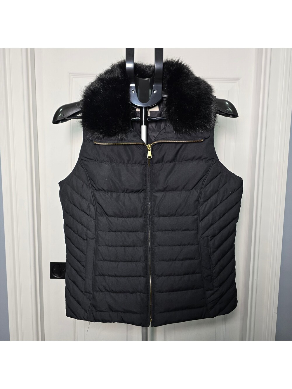 Chaleco Talbots Negro Medium Petite Plumón Cuello Pelo Sintético Puffer